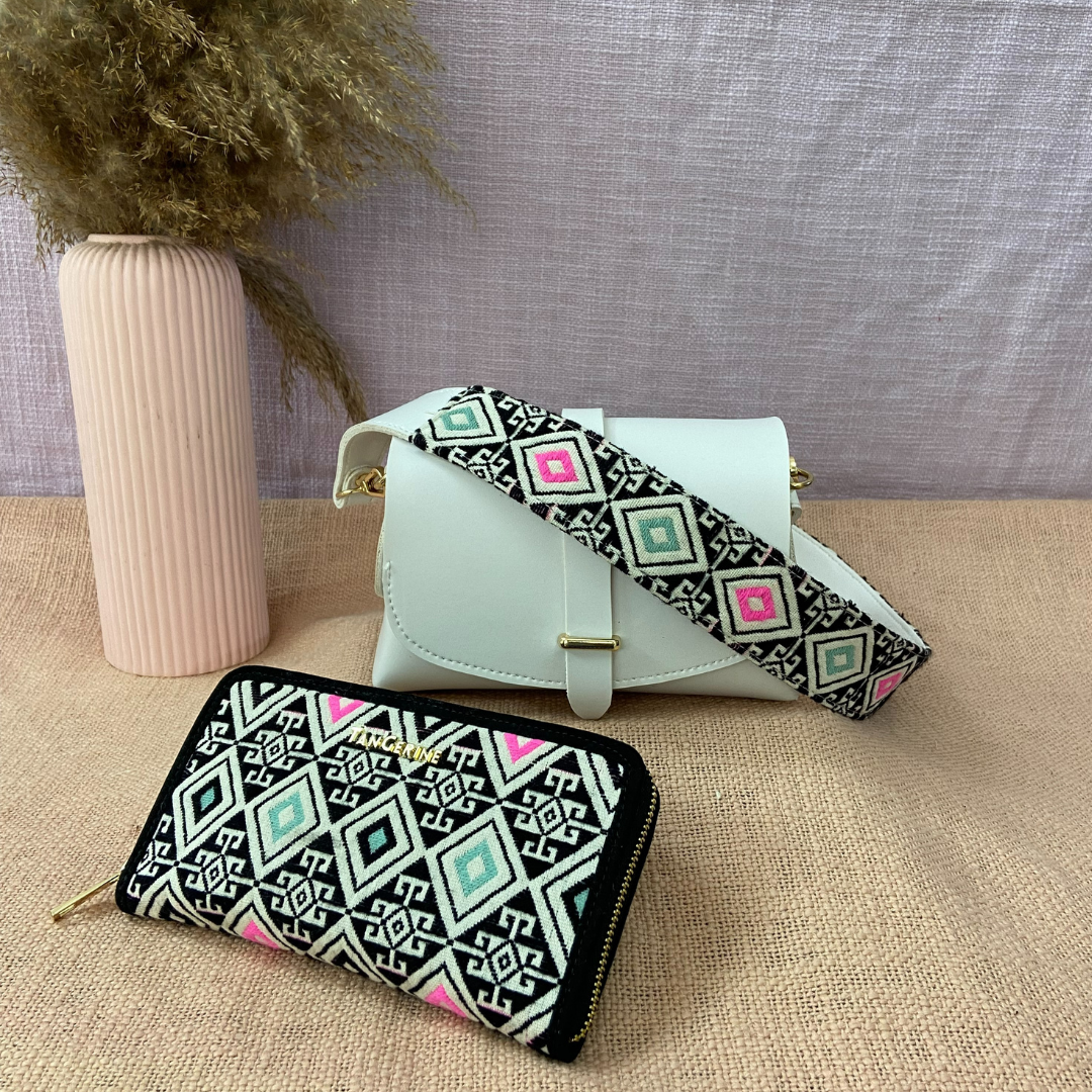 White Eva Bag with Mint Green & Pink Diamond Belt +Big Wallet