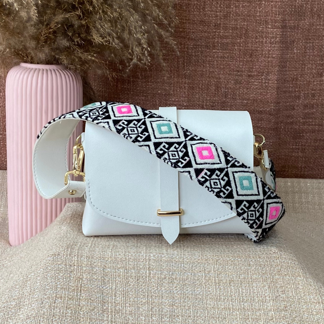 White Eva Bag with Mint Green &amp; Pink Diamond Belt.