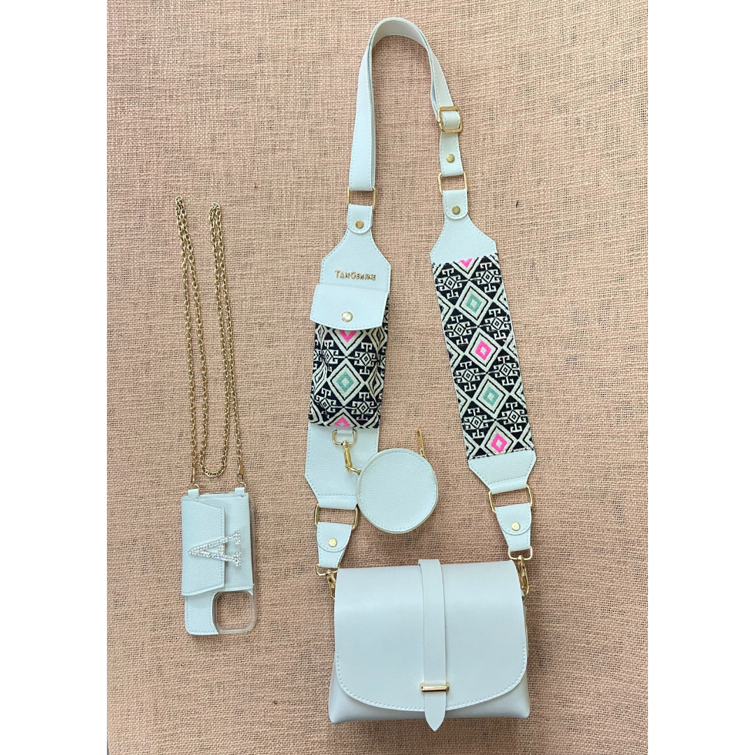 White Eva + White Multi-color Diamond Cloth on Pocket Pochette Belt with Phone Case