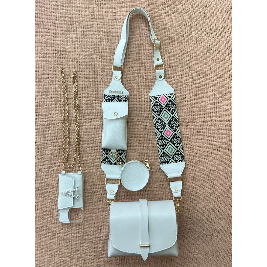 White Eva + White Multi-color Diamond Pochette Belt with Phone Case