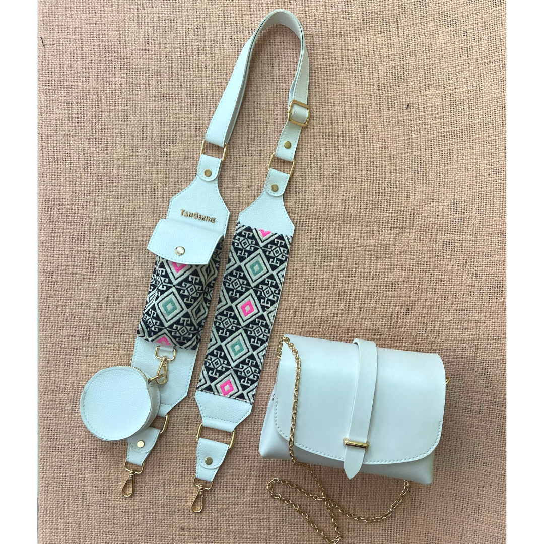 White Eva + White with Mint & Pink Diamond Cloth on Pocket Pochette Belt.
