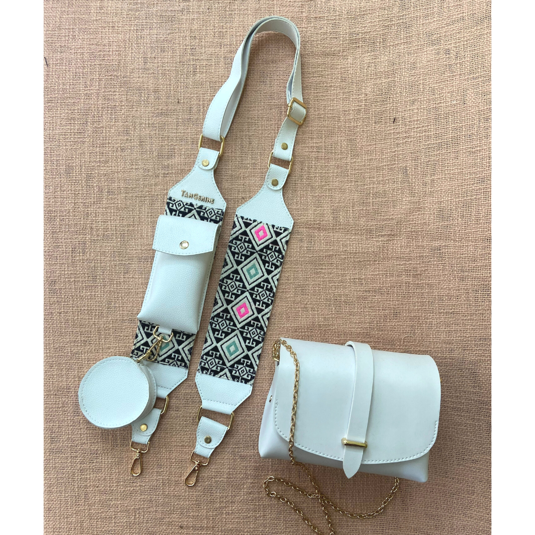 White Eva + White with Mint & Pink Diamond Pochette Belt.